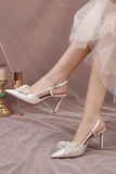 Ivory Satin Point Toe Pearls Wedding Stiletto Heels with Bow