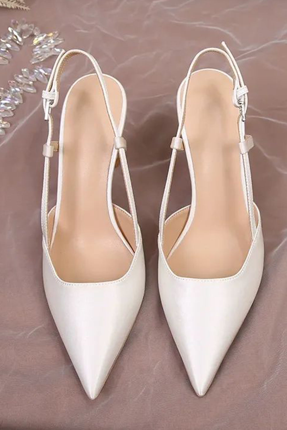 Ivory Satin Point Toe Pearls Wedding Stiletto Heels with Bow