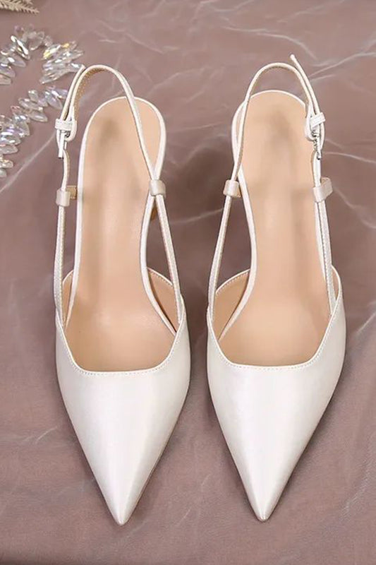 Ivory Satin Point Toe Pearls Wedding Stiletto Heels with Bow