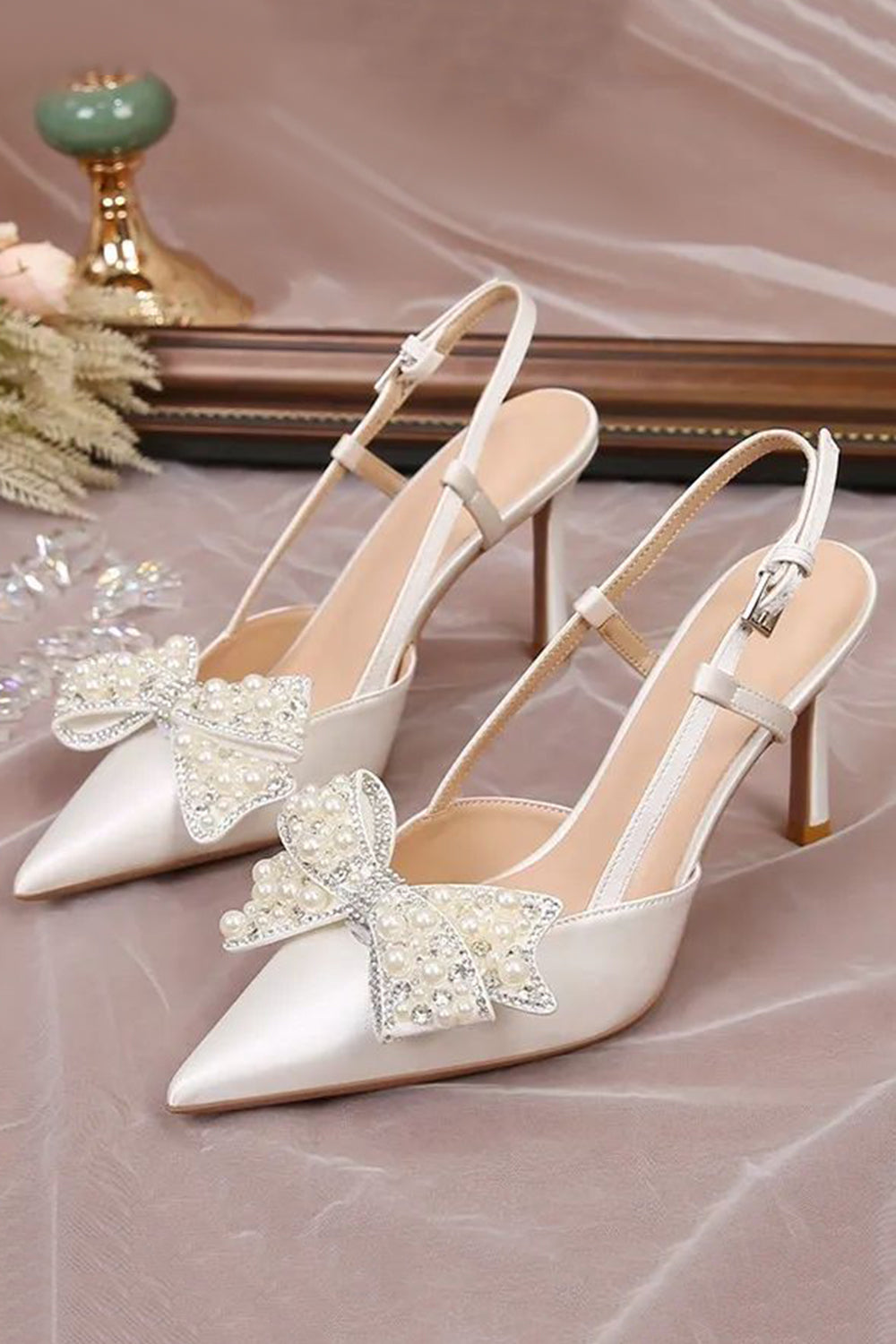 Ivory Satin Point Toe Pearls Wedding Stiletto Heels with Bow