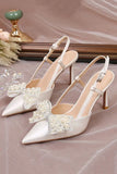 Ivory Satin Point Toe Pearls Wedding Stiletto Heels with Bow