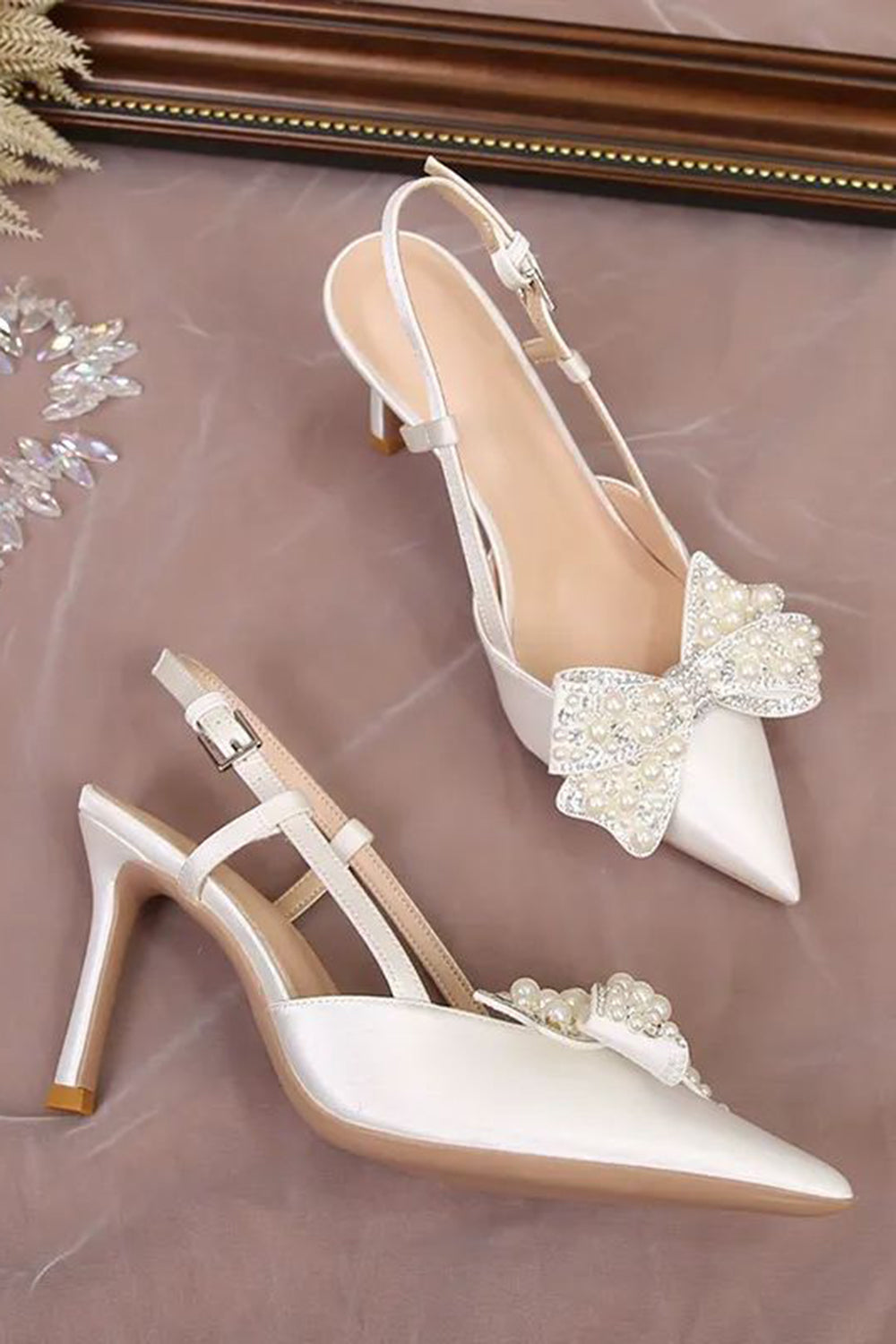 Ivory Satin Point Toe Pearls Wedding Stiletto Heels with Bow