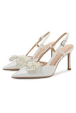 Ivory Satin Point Toe Pearls Wedding Stiletto Heels with Bow