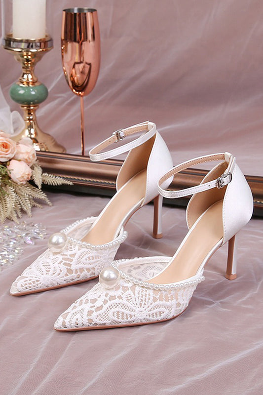Ivory Point Toe Lace Pump Wedding Stiletto Heels with Pearls