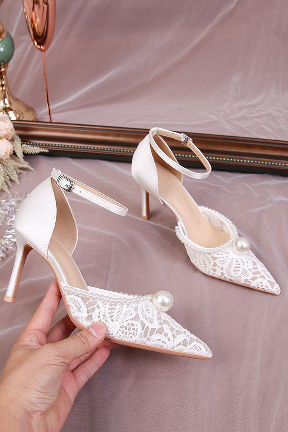 Ivory Point Toe Lace Pump Wedding Stiletto Heels with Pearls