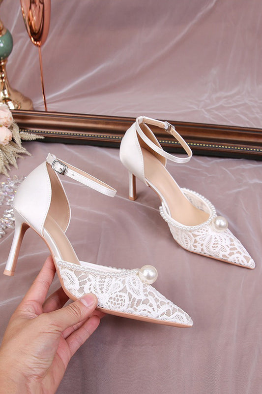 Ivory Point Toe Lace Pump Wedding Stiletto Heels with Pearls