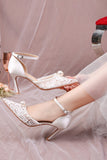 Ivory Point Toe Lace Pump Wedding Stiletto Heels with Pearls