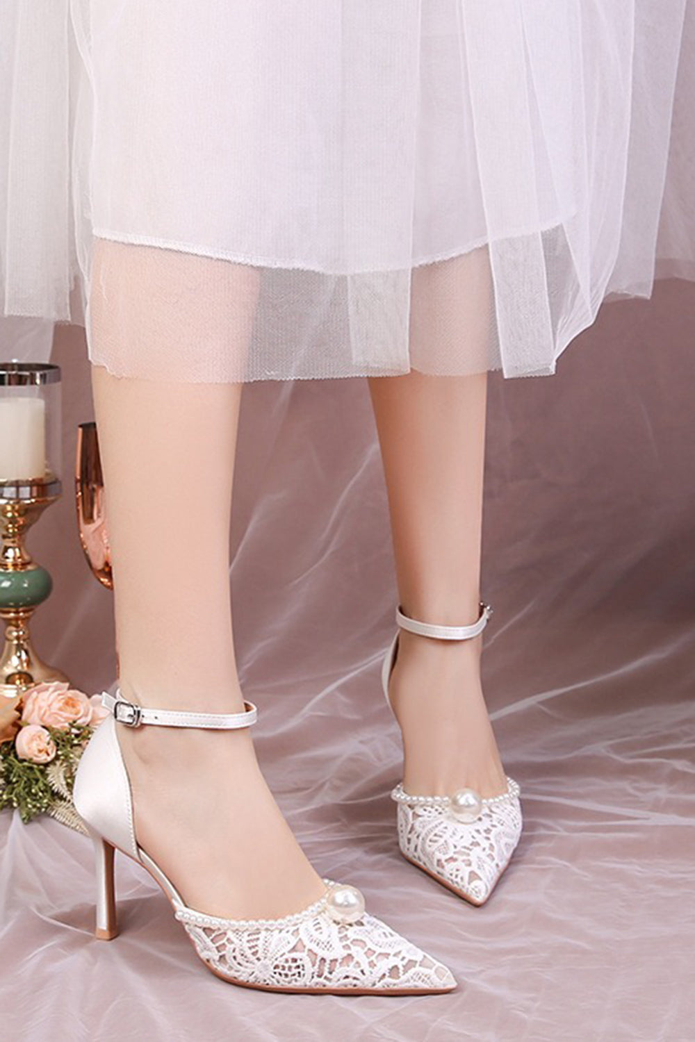 Ivory Point Toe Lace Pump Wedding Stiletto Heels with Pearls