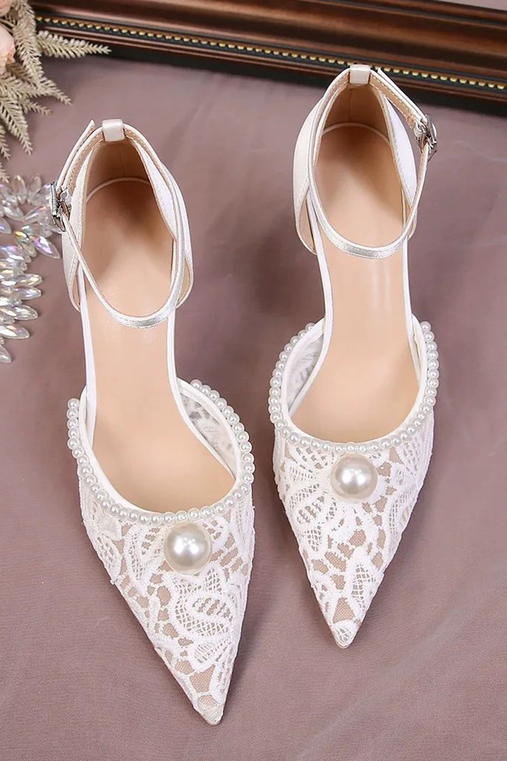 Ivory Point Toe Lace Pump Wedding Stiletto Heels with Pearls