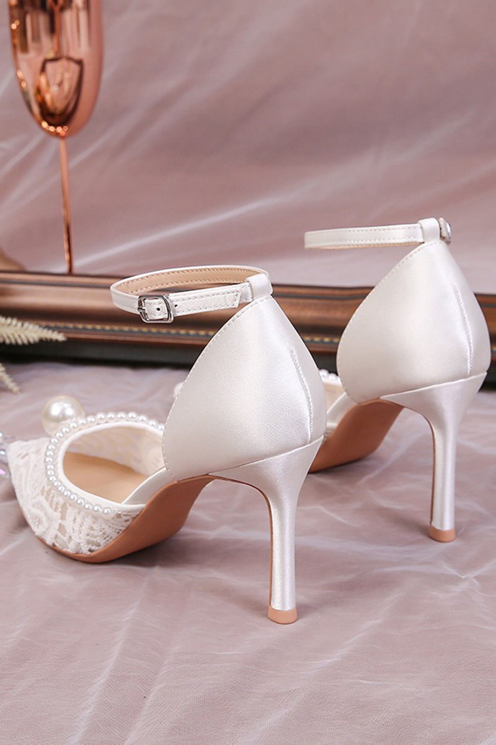 Ivory Point Toe Lace Pump Wedding Stiletto Heels with Pearls