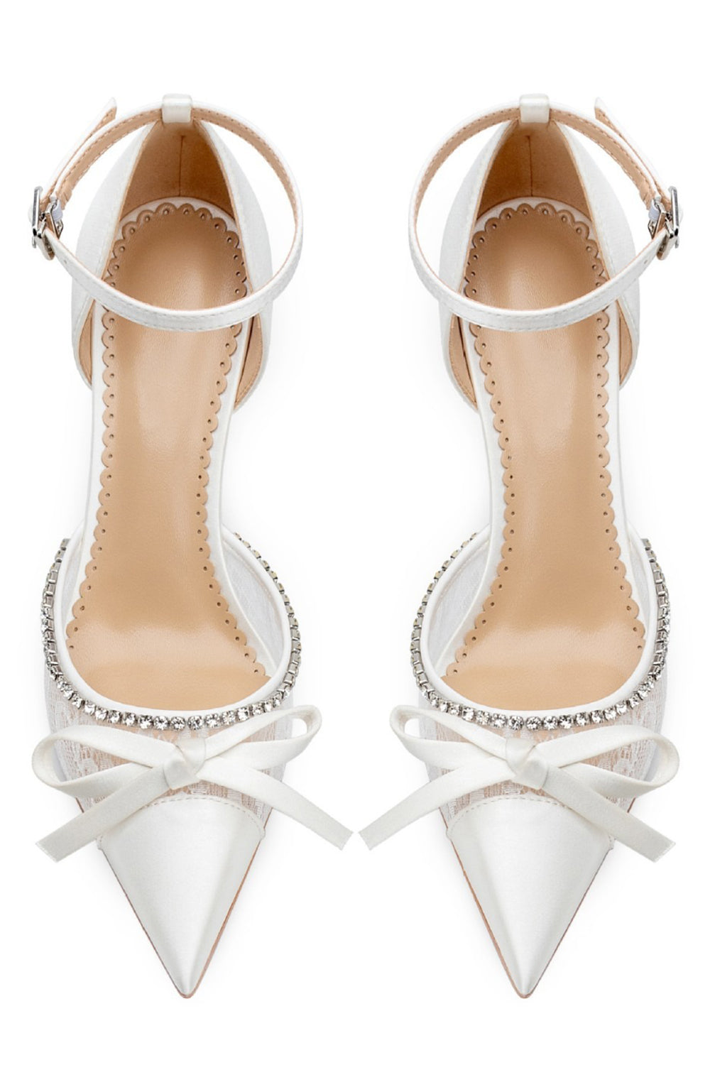 Sparkly Ivory Beaded Lace Pointed Toe Wedding Stiletto Heels with Bow