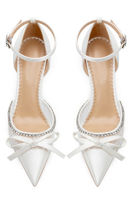 Sparkly Ivory Beaded Lace Pointed Toe Wedding Stiletto Heels with Bow