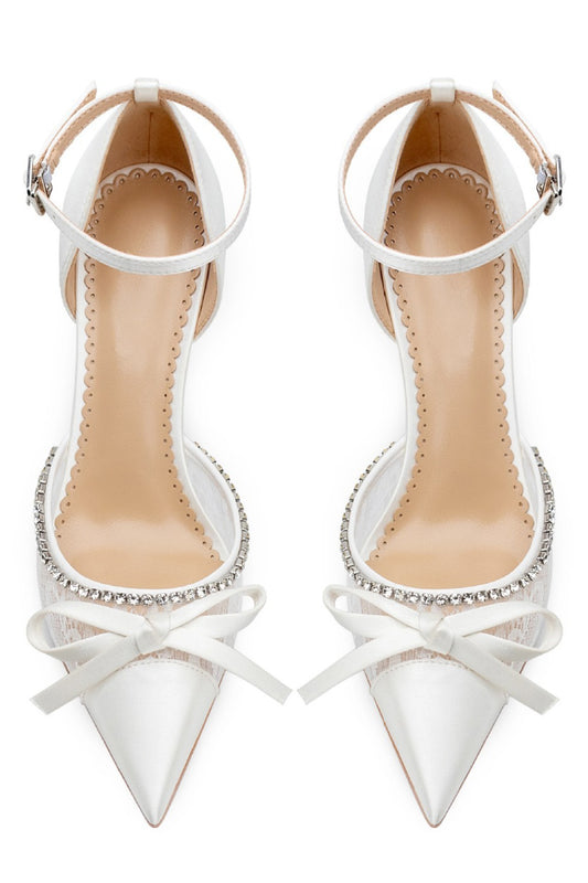 Sparkly Ivory Beaded Lace Pointed Toe Wedding Stiletto Heels with Bow