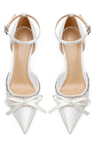 Sparkly Ivory Beaded Lace Pointed Toe Wedding Stiletto Heels with Bow