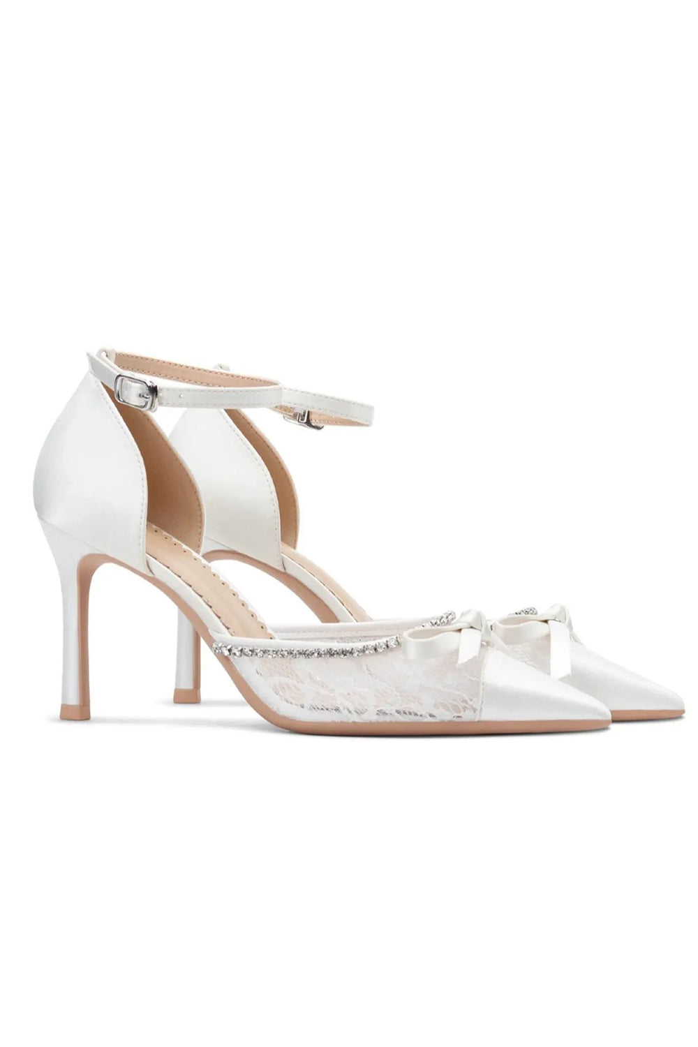 Sparkly Ivory Beaded Lace Pointed Toe Wedding Stiletto Heels with Bow