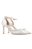 Sparkly Ivory Beaded Lace Pointed Toe Wedding Stiletto Heels with Bow