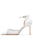 Sparkly Ivory Beaded Lace Pointed Toe Wedding Stiletto Heels with Bow