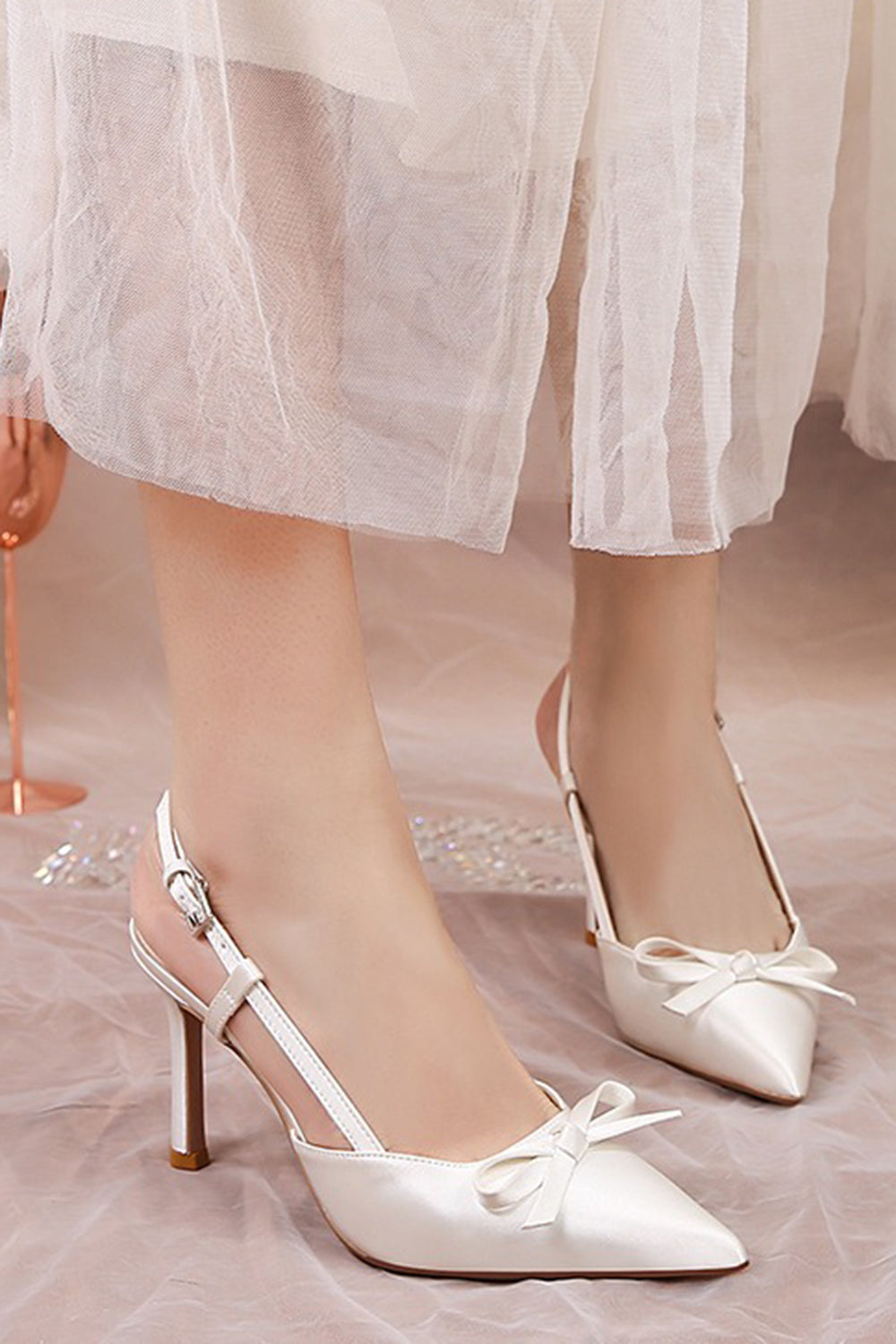 Ivory Pointed Toe Satin Pump Wedding Heels with Bow