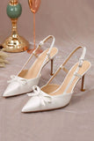 Ivory Pointed Toe Satin Pump Wedding Heels with Bow