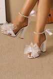 White Open Toe Chunky Heels Pearls Wedding Sandals with Bow