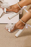 White Open Toe Chunky Heels Pearls Wedding Sandals with Bow