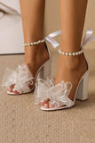 White Open Toe Chunky Heels Pearls Wedding Sandals with Bow