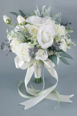 White Hand Holding Flower Bridal Bouquet with Bow