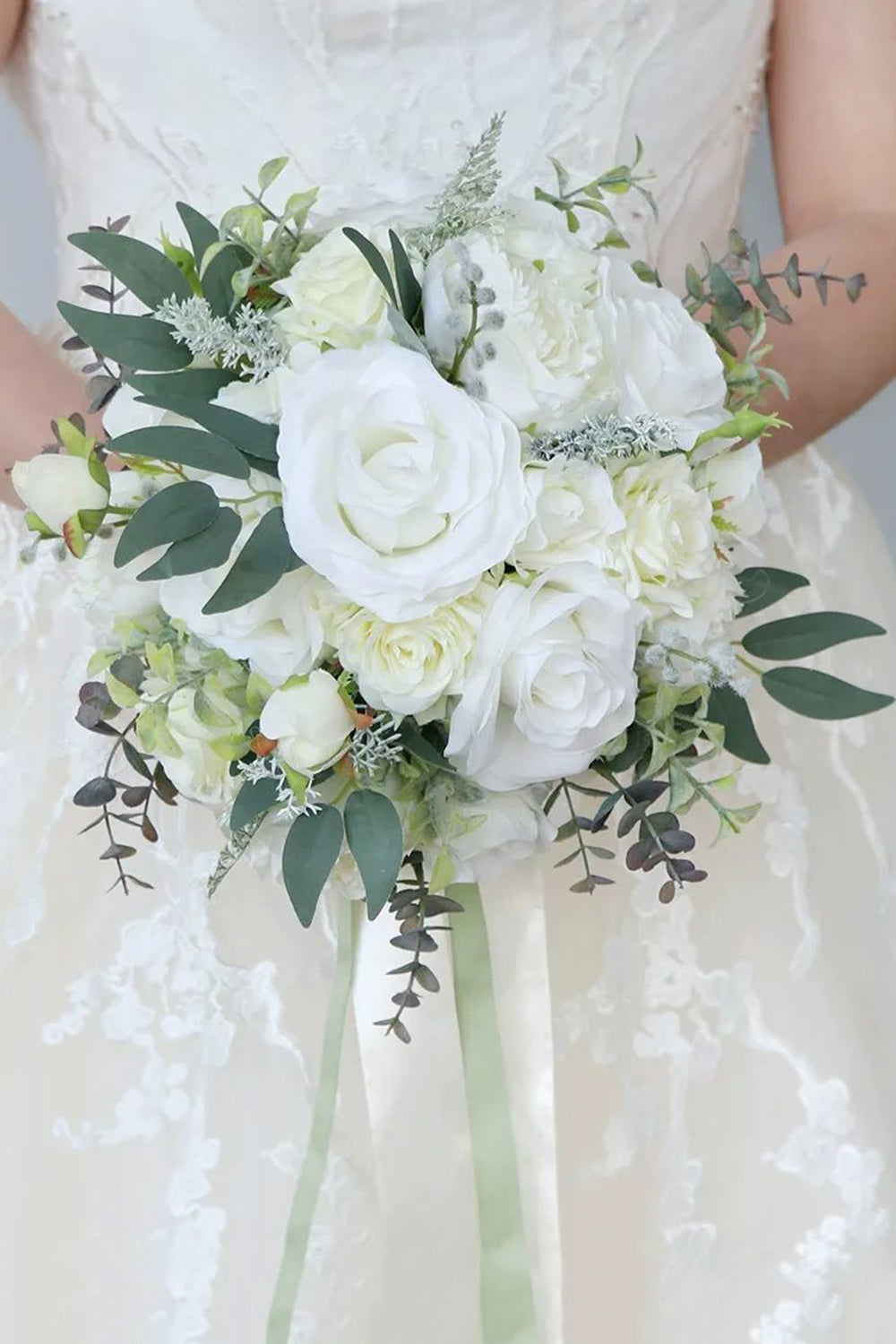White Hand Holding Flower Bridal Bouquet with Bow