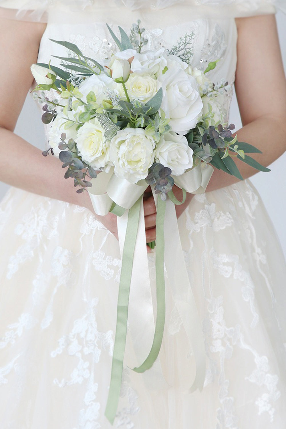 White Hand Holding Flower Bridal Bouquet with Bow