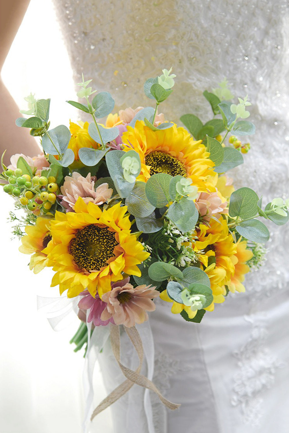 Yellow Hand Holding Bridal Bouquet with Bow