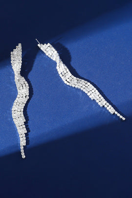 Sparkly Silver Long Wave Shaped Prom Drop Earrings with Rhinestones