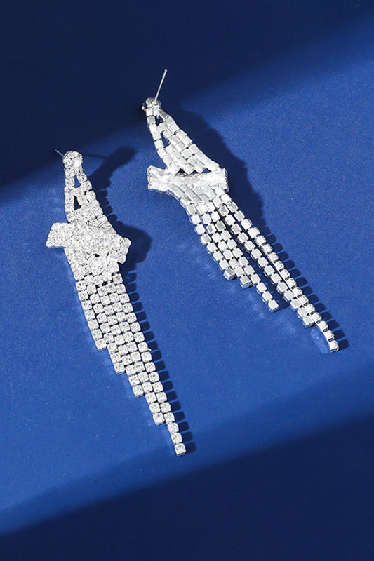 Silver Sparkly Fringed Party Drop Earrings with Rhinestones