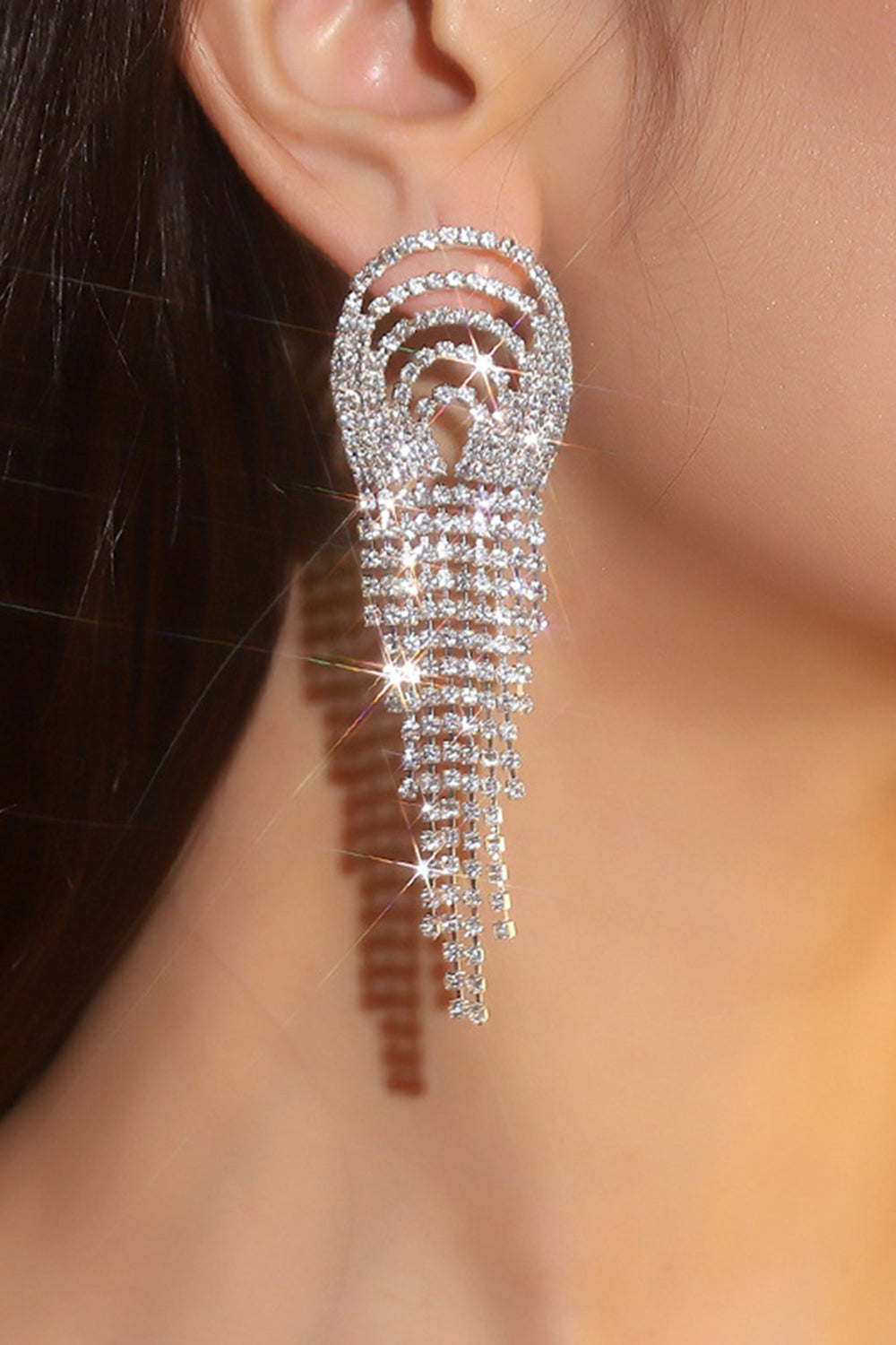 Sparkly Silver Fringed Fashion Party Drop Earrings with Rhinestones