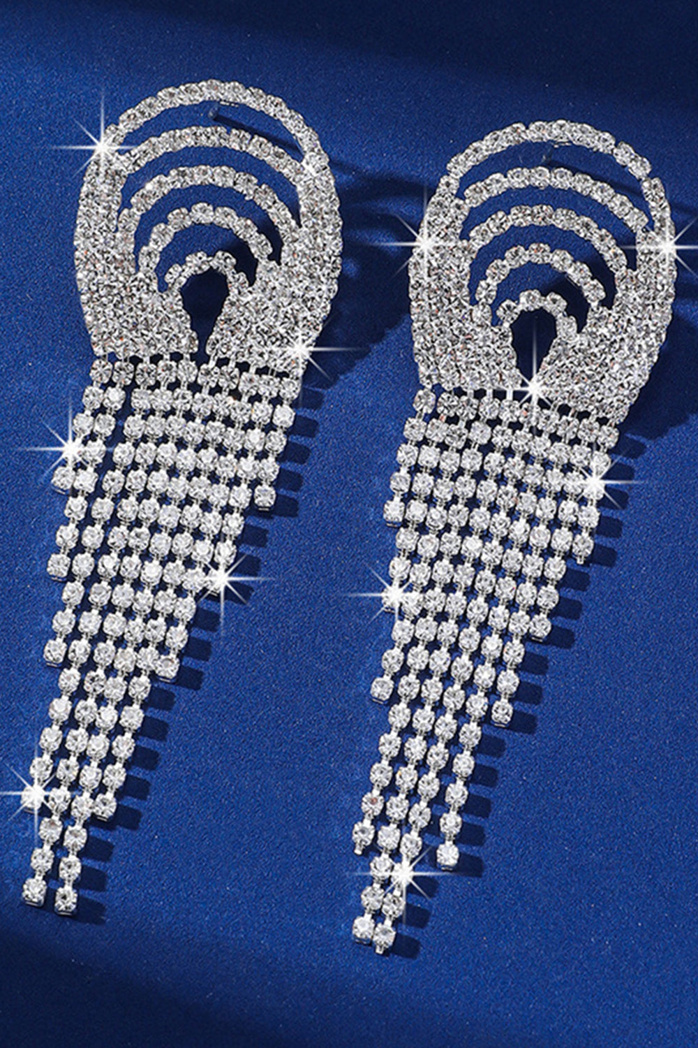 Sparkly Silver Fringed Fashion Party Drop Earrings with Rhinestones