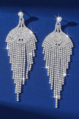 Sparkly Silver Teardrop Fringed Prom Drop Earrings with Rhinestones