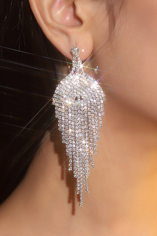 Sparkly Silver Teardrop Fringed Prom Drop Earrings with Rhinestones