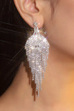 Sparkly Silver Teardrop Fringed Prom Drop Earrings with Rhinestones