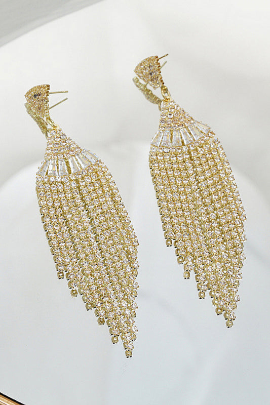 Sparkly Golden Fringed Party Drop Earrings with Rhinestones