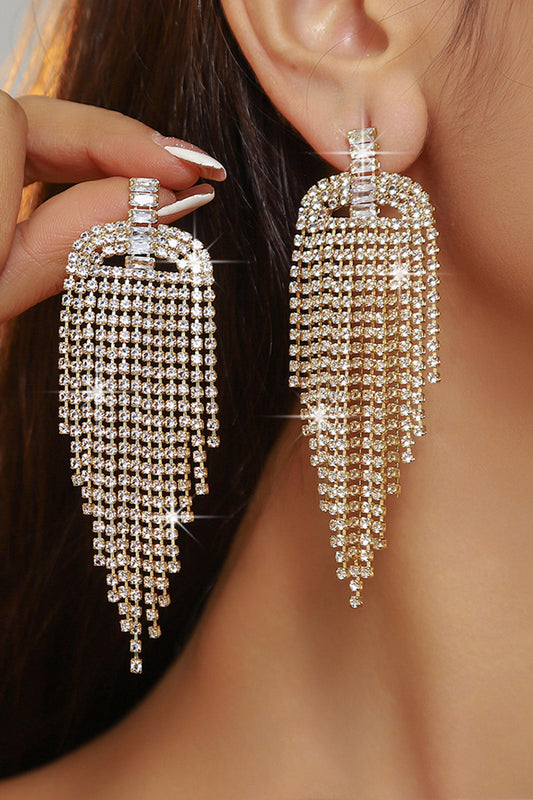 Sparkly Golden Fringed Fashion Prom Drop Earrings with Rhinestones
