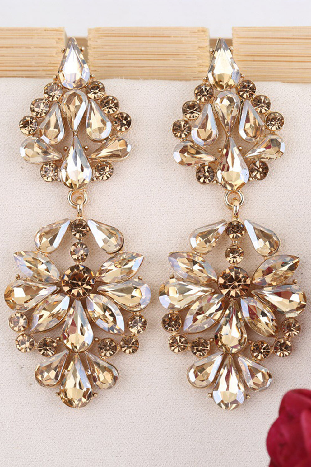 Sparkly Pink Flower Shaped Prom Drop Earrings with Rhinestones