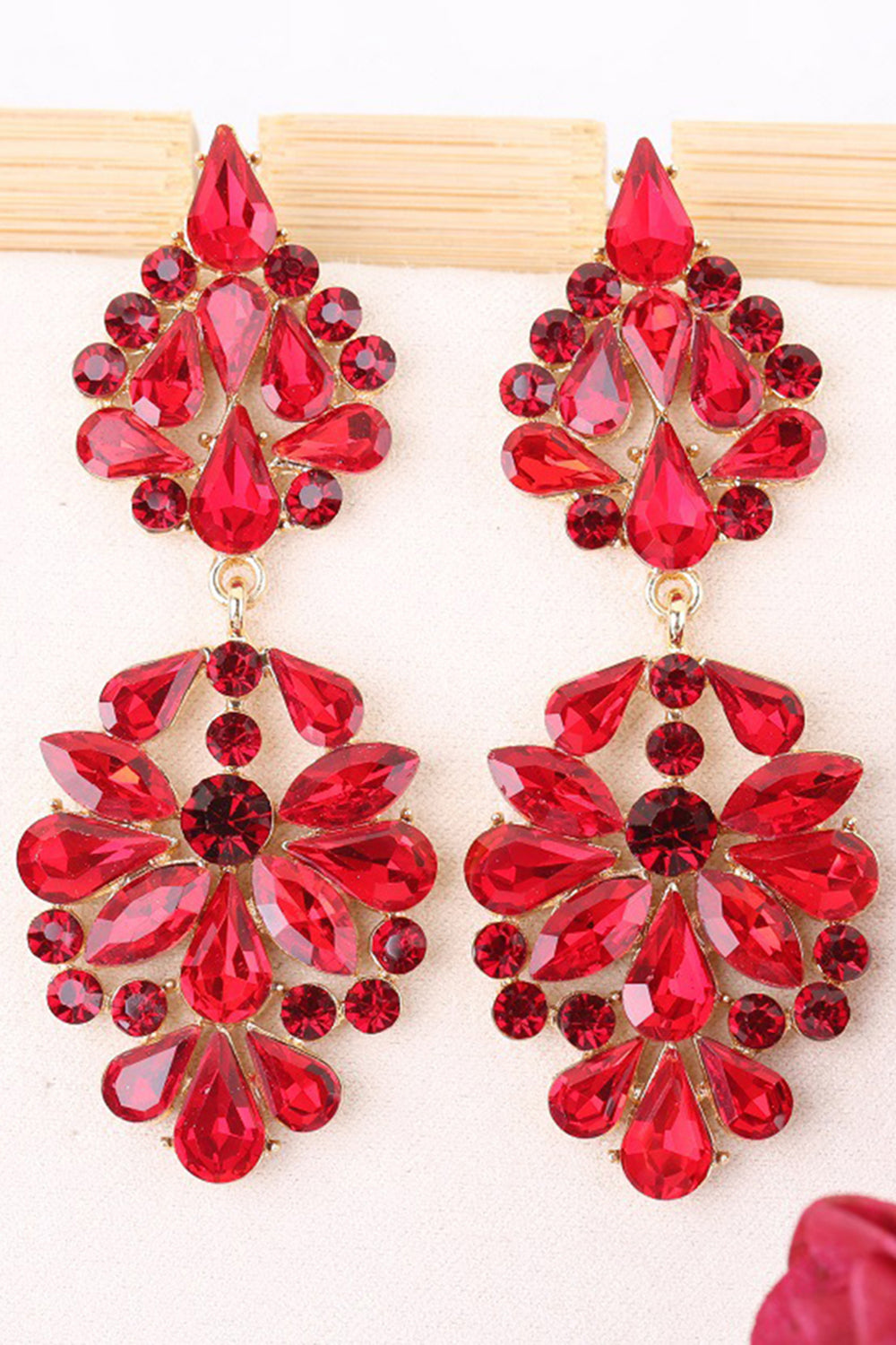 Sparkly Pink Flower Shaped Prom Drop Earrings with Rhinestones