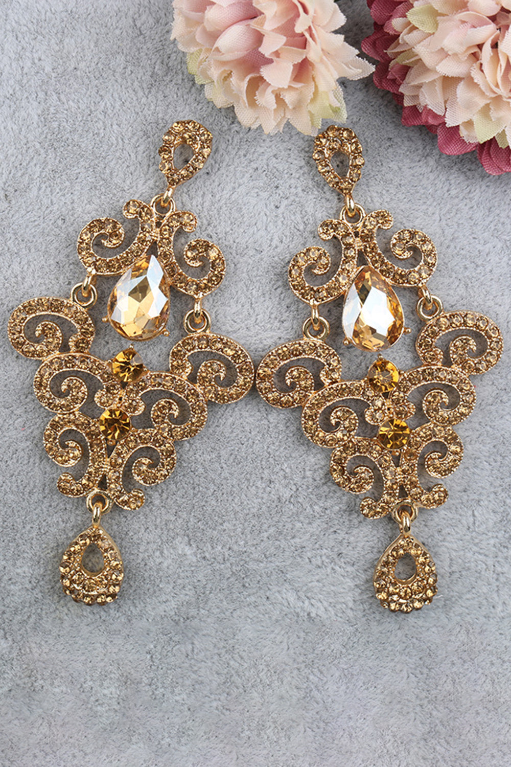 Gold Sparkly Prom Drop Earrings with Rhinestones