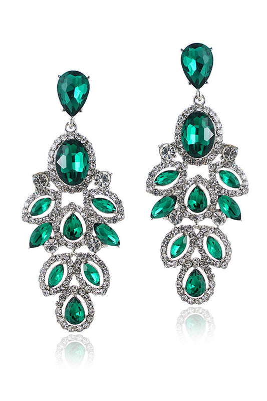Sparkly Dark Green Leaf Shaped Prom Drop Earrings with Rhinestones