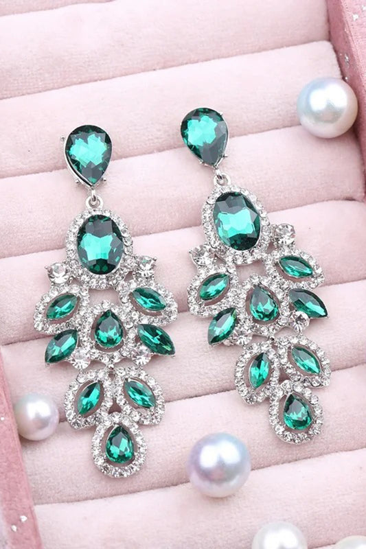 Sparkly Dark Green Leaf Shaped Prom Drop Earrings with Rhinestones