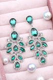 Sparkly Dark Green Leaf Shaped Prom Drop Earrings with Rhinestones