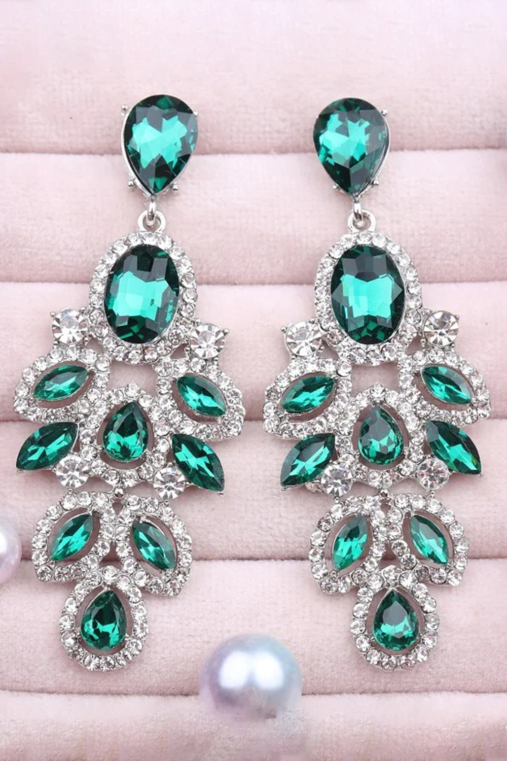 Sparkly Dark Green Leaf Shaped Prom Drop Earrings with Rhinestones