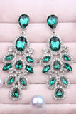 Sparkly Dark Green Leaf Shaped Prom Drop Earrings with Rhinestones