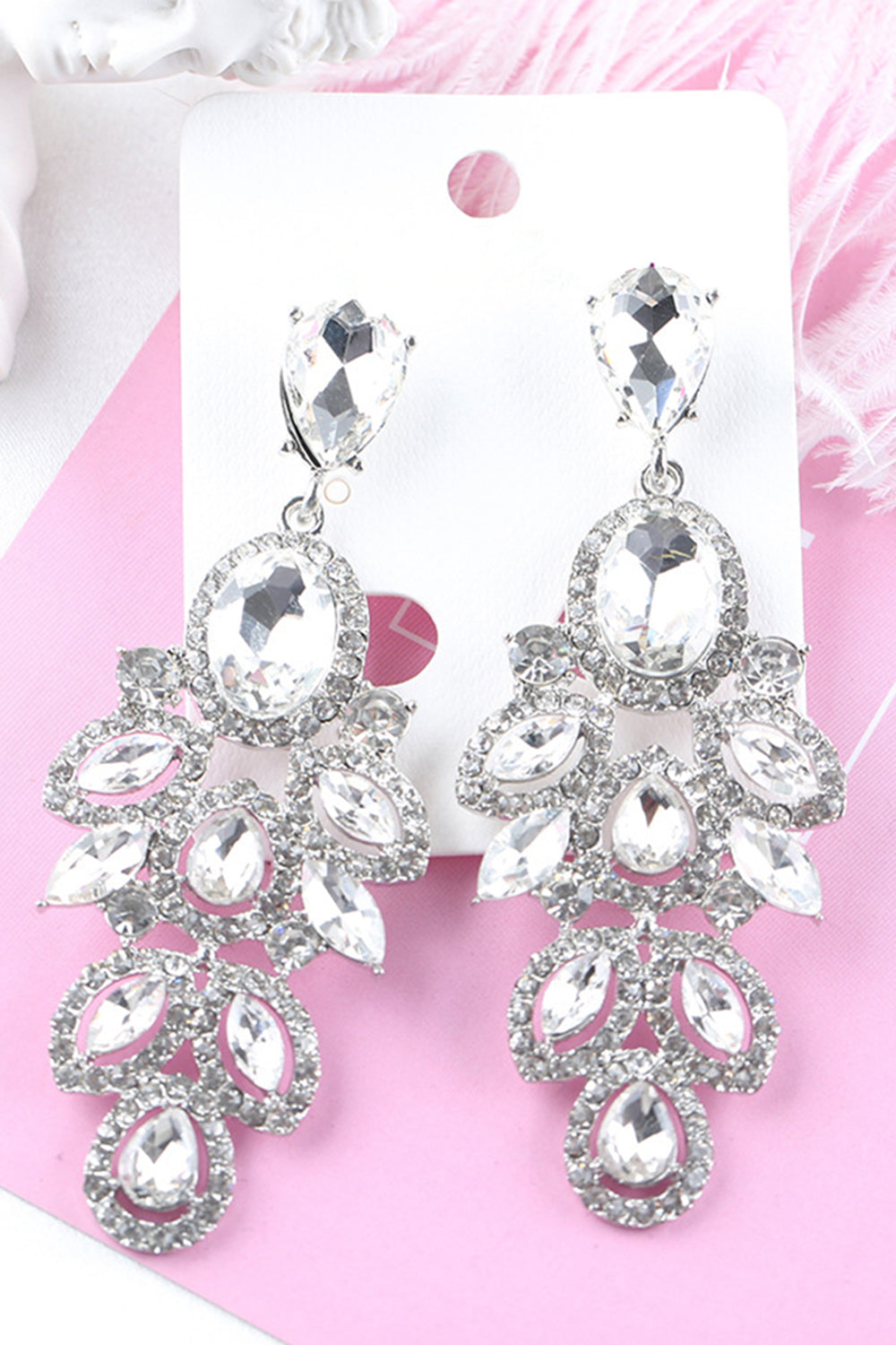 Sparkly Dark Green Leaf Shaped Prom Drop Earrings with Rhinestones