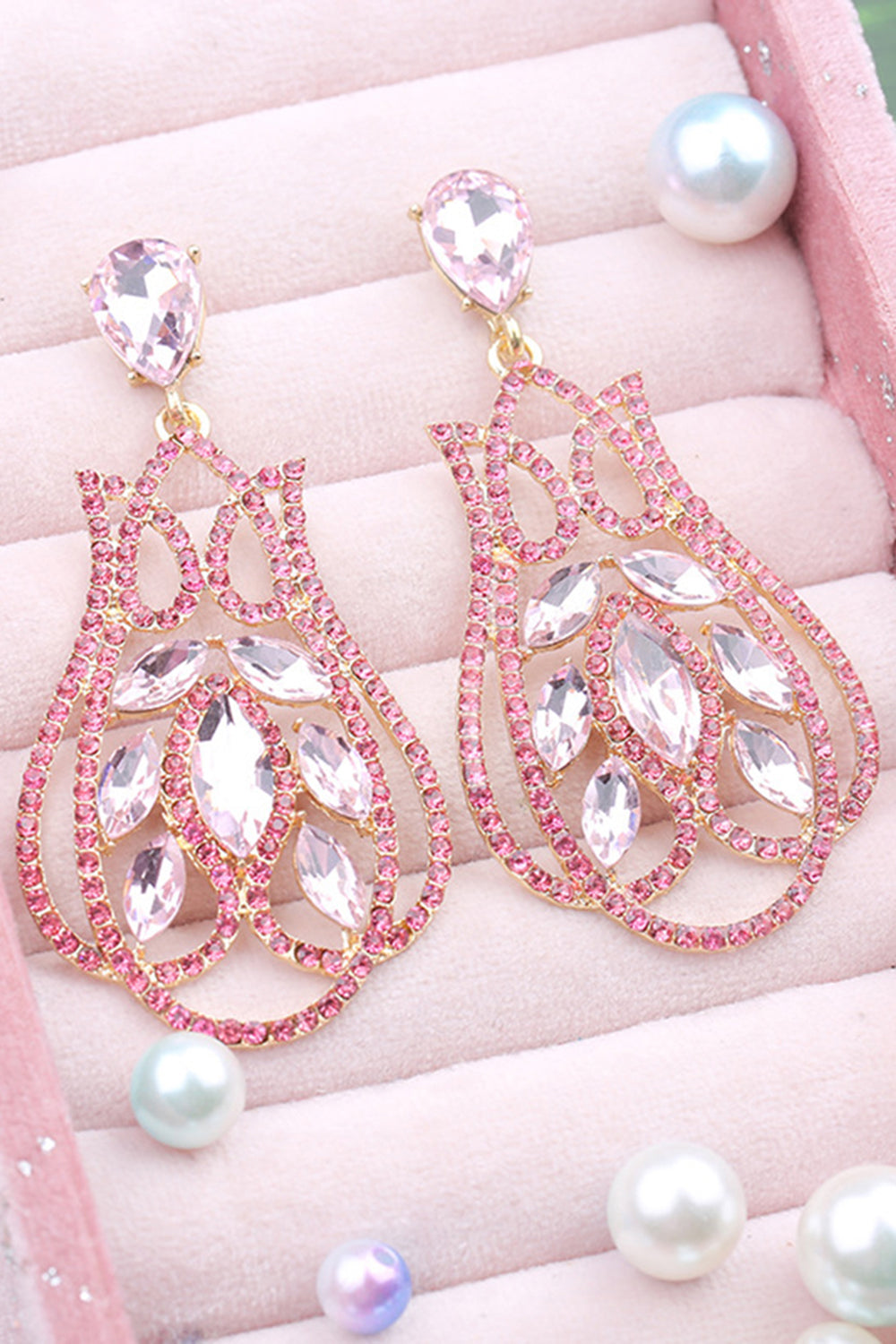 Sparkly Fuchsia Prom Drop Earrings with Rhinestones