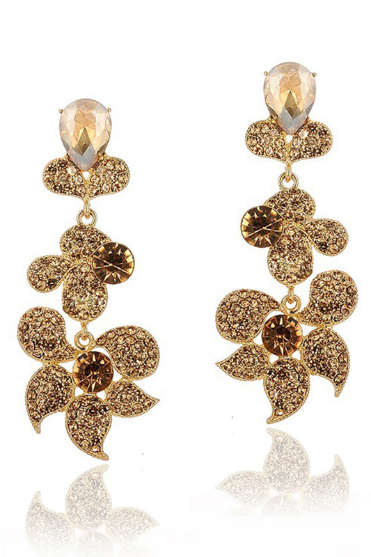 Sparkly Golden Flower Shaped Prom Drop Earrings with Rhinestones